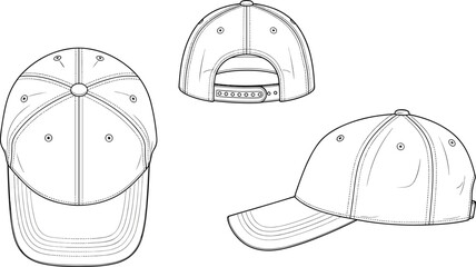 Baseball cap technical sketch, CAD flat drawing, vector headwear illustration, fashion accessory template, adjustable strap detail, brim profile view