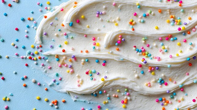 Close up of white frosting with colorful sprinkles on a light blue background. - Powered by Adobe