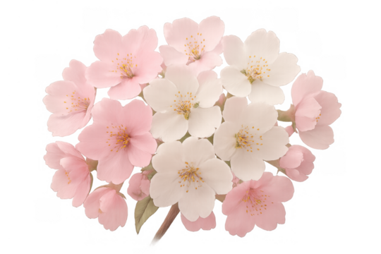 Cherry blossom flowers blooming with delicate pink and white petals on transparent background