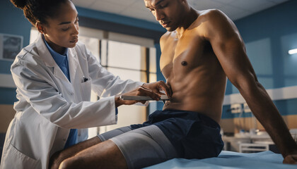 Body composition analysis doctor measuring skinfold with precision tool patient in medical clinic, professional healthcare assessment, focused and attentive atmosphere