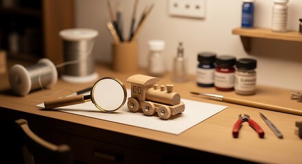 Wooden toy train creation scene on a workbench under warm lighting