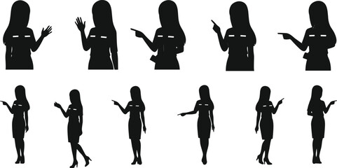 Cad drawing flat vector illustration of female office worker pointing hand gesture professional woman silhouette business communication concept design