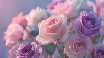 Close-up of a beautiful bouquet of pastel pink and purple roses, soft focus, romantic floral background.