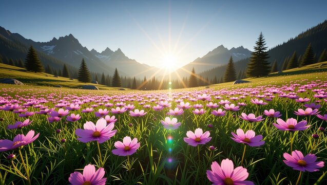Pink flower meadow with mountain sunrise