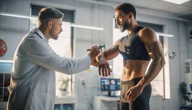 Doctor measuring athlete arm muscle with caliper in modern fitness clinic, professional health assessment, muscular man, bright interior, focused, healthy lifestyle