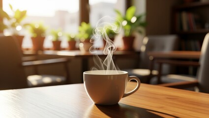 Steaming coffee cup on wooden table with sunlight