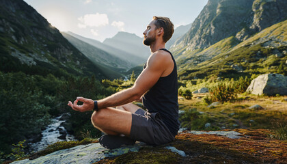 Naklejka premium Man practicing meditation outdoors mountain scenery deep breathing inner peace, sitting cross legged on rock, sunlight, peaceful nature, mindfulness, relaxation, healthy lifestyle