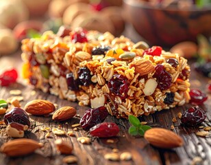 Granola bar, dried fruit, nuts on wooden table
