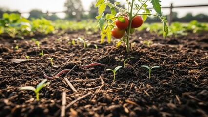 Close up of a tomato plant with ripe fruits, worms, and fresh sprouts in fertile soil, showcasing