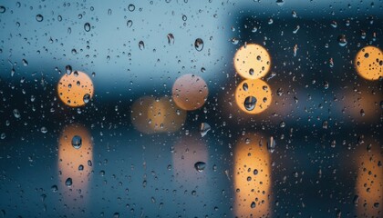 Raindrops on Window with Bokeh Lights: Reflecting City Mood on a Rainy Night