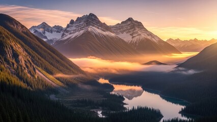 Majestic Mountains and Lake at Sunrise: A serene landscape view of nature's beauty