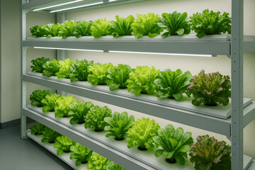 Indoor vertical hydroponic farm with rows of leafy greens under LED lights