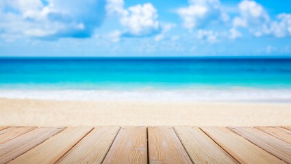 Fototapeta premium A wooden deck extends towards a serene beach scene, featuring soft sand and calm turquoise waves under a bright sky filled with fluffy clouds, creating a peaceful coastal atmosphere