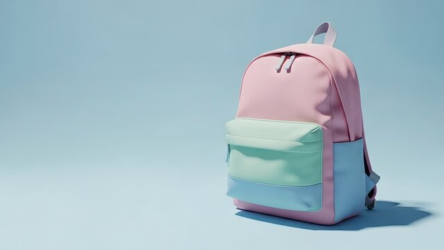A pastel-colored backpack, featuring pink, blue, and mint green sections, stands on a light blue surface, casting a shadow. - Powered by Adobe
