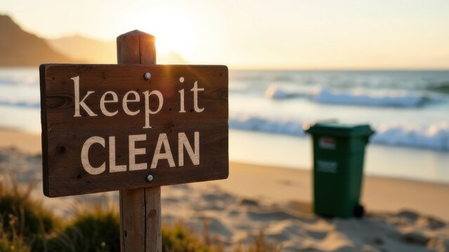 Wooden sign saying keep it clean near beach with green trash bin