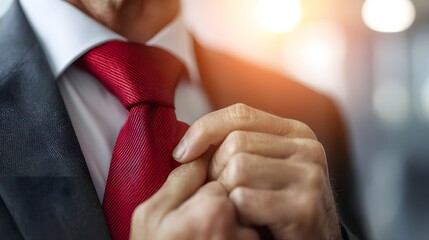 Close-up of a businessman adjusting his red tie, preparing for a formal event or meeting.