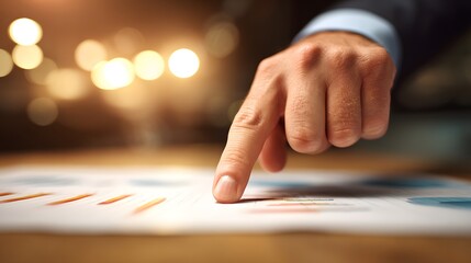 Close-up of a businessmans hand pointing at a financial report, analyzing data and charts in a dimly lit office.