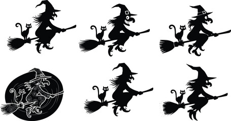 Halloween witch silhouette flying on broomstick with black cat, spooky night illustration, magical witchcraft concept, vector cartoon design, isolated
