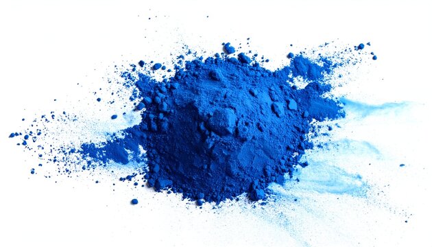 Bright, intense blue powder explodes outwards from a central point, set against white