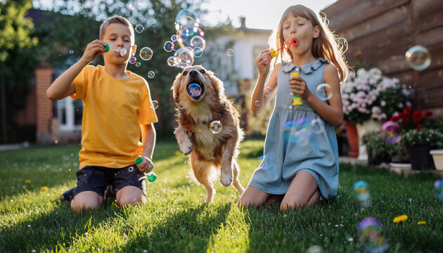 Playful children blowing bubbles in sunny backyard as happy dog jumps to catch them, creating joyful and lively family moment outdoors