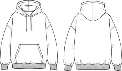 Hoodie fashion flat sketch, front and back view, sweatshirt technical drawing, casual apparel design template, vector illustration for clothing mockup, CAD