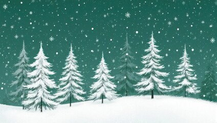 Naklejka premium Winter scene snowy evergreen trees against a teal, snowy sky