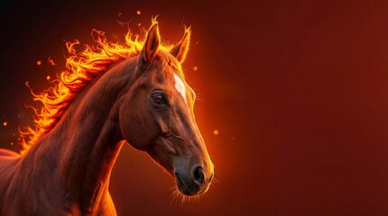 Fiery horse with a flaming mane and glowing embers on a dark background