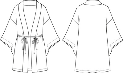 Kimono fashion flat sketch, technical garment drawing, front and back view, wide sleeve robe, vector illustration, apparel design CAD