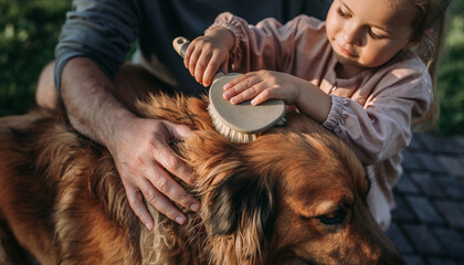 Child brushing dog fur with parent guiding hands, golden retriever enjoying gentle grooming outdoors, warm sunlight, family bonding, shallow depth of field, happy and calm atmosphere