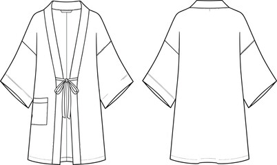Kimono jacket technical sketch, fashion flat drawing, CAD garment illustration, vector apparel template, loose fit design, sleeve detail, patch pocket