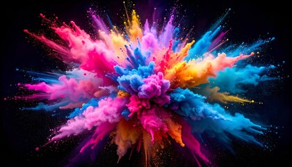 Vivid burst of colorful powder particles exploding outward against a dark background