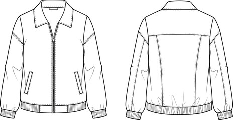 Men bomber jacket technical flat sketch, zipper outerwear vector illustration, fashion cad drawing, clothing design template, apparel technical drawing for production