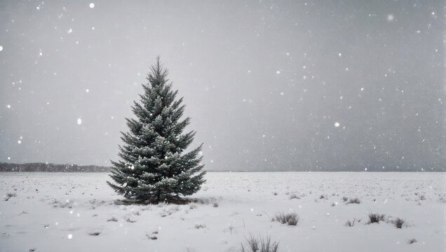 A snow-covered field with a lone evergreen tree as flakes gently fall