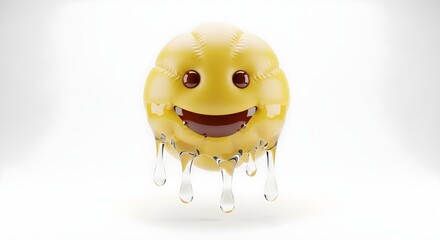 Joyful yellow melting smiley emoji with clear dripping liquid