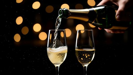 Champagne poured into glass with golden bokeh background
