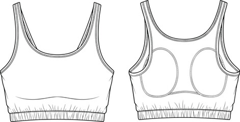 Seamless sports bra technical fashion flat, front and back view, activewear crop top design, elastic hem, apparel cad vector illustration