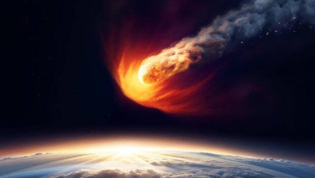 A bright comet with a fiery tail is hurtling towards Earth, creating a stunning visual against the dark space backdrop, with clouds illuminated by the atmospheric glow of the planet