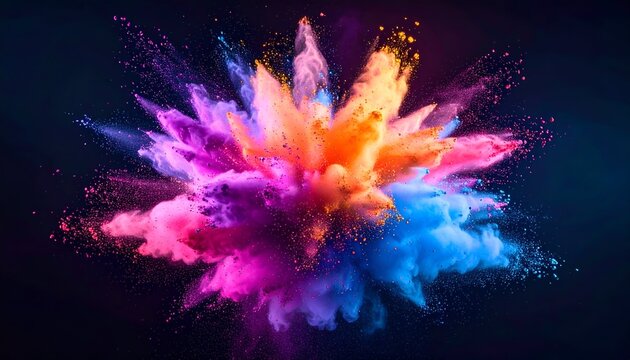A vibrant explosion of colorful powder against a dark background, radiating outwards (1)