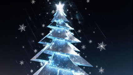 A 3D rendered Christmas tree with glowing blue accents and falling snowflakes