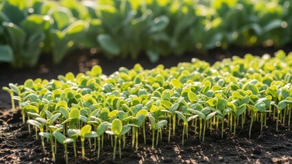 A field of fresh green sprouts growing in the rich soil showing the beginnings of new life and
