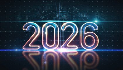 2026 glowing countdown clock futuristic neon numbers digital background midnight celebration festive atmosphere new year technology sparkle excitement