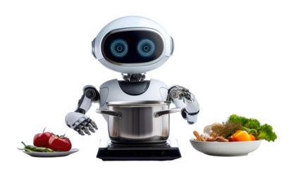 Cute White Robot Chef Cooking Healthy Meal - AI Kitchen Assistant with Fresh Vegetables