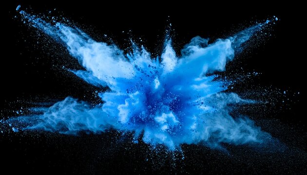 A vivid blue explosion of powder against a stark black background