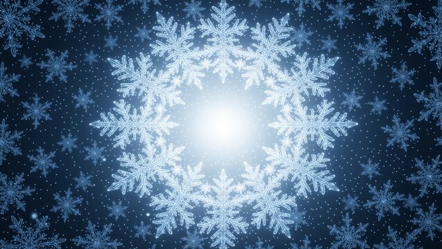 Snowflakes surrounding bright light in winter night