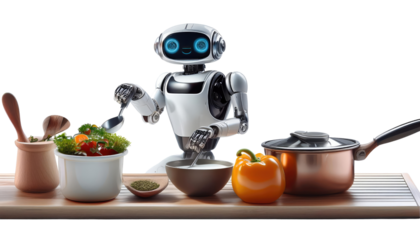 Cute White Robot Chef Cooking Healthy Meal - AI Kitchen Assistant with Fresh Vegetables