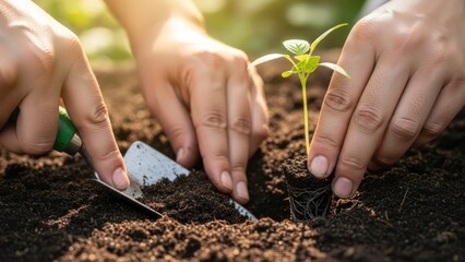 Close-up shot showcases the careful planting of a young sapling in fertile soil