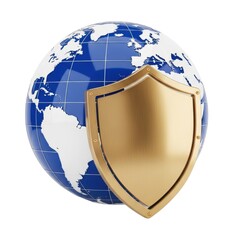 Golden shield protecting the earth globe security concept isolated on white background