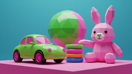 Green toy car and pink bunny with geometric sphere and colorful rings