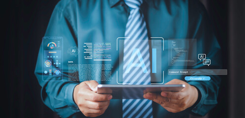 Businessman holding tablet with AI hologram interface. Future technology concept of machine learning, big data analysis, and digital business transformation for corporate success and smart innovation.