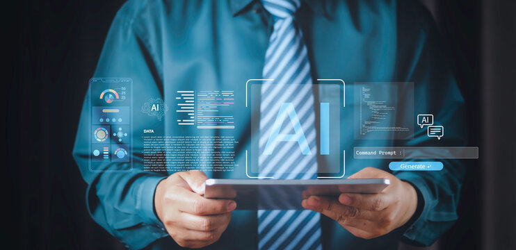 Businessman holding tablet with AI hologram interface. Future technology concept of machine learning, big data analysis, and digital business transformation for corporate success and smart innovation.